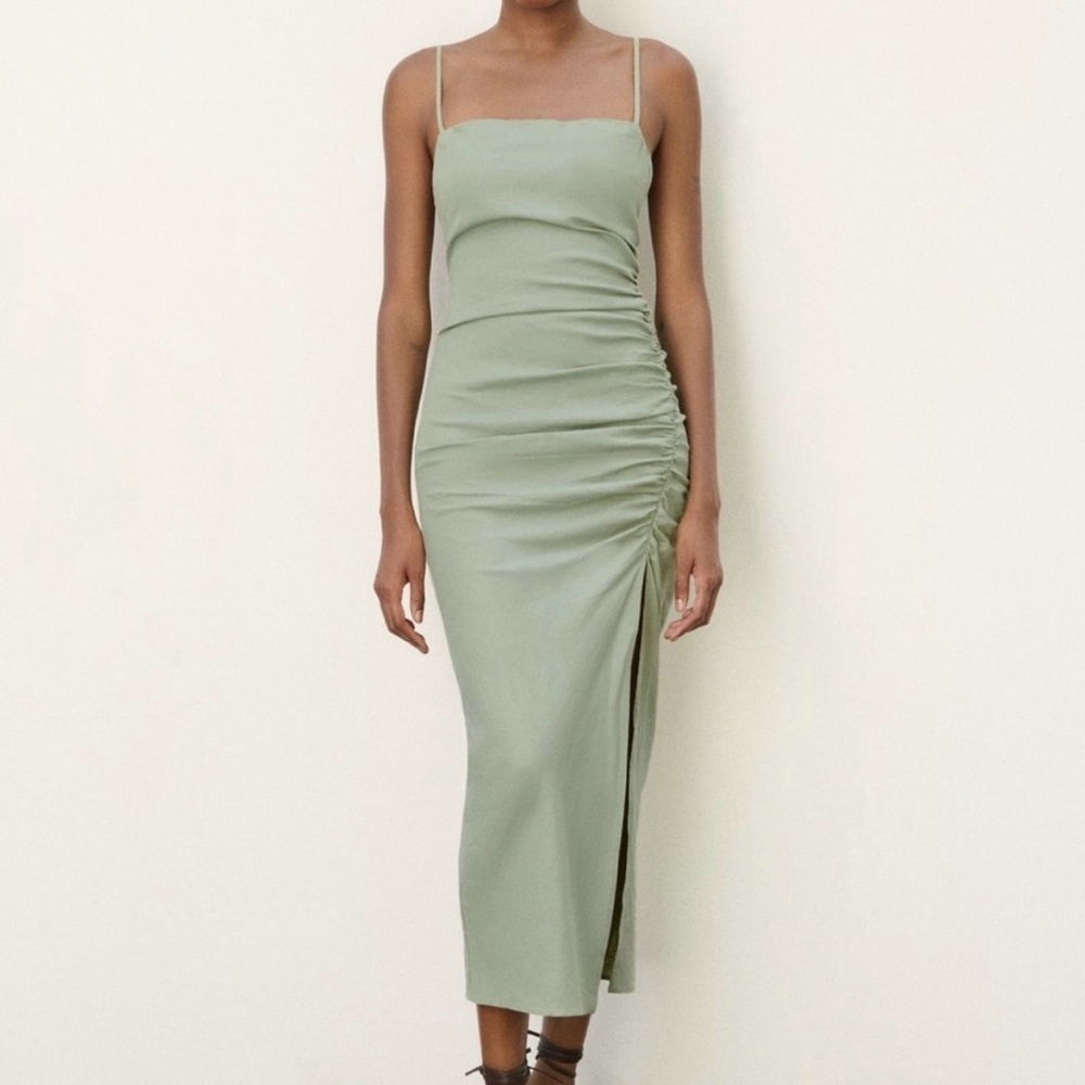 Zara Women’s Sage Pastel Green Ruched Midi Dress Small